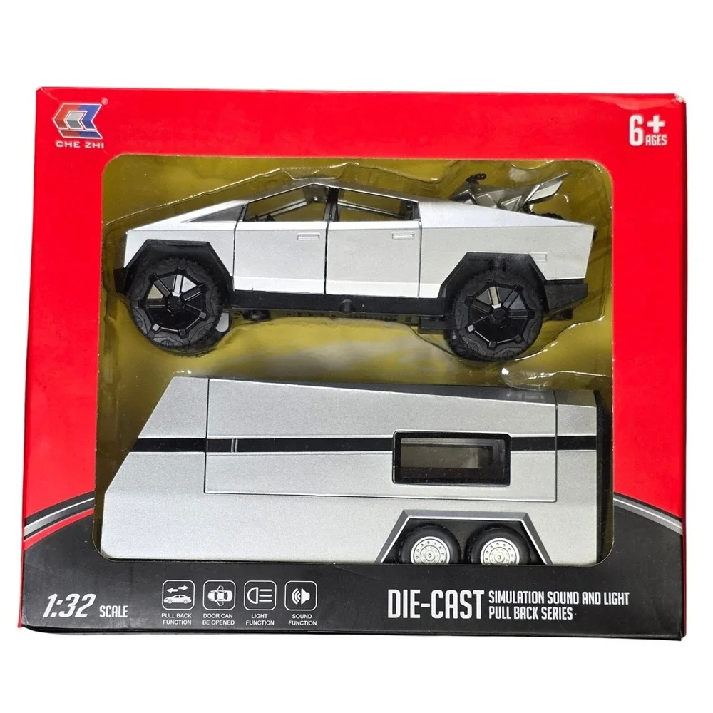 Che Zhi Die-Cast Cybertruck with RV Trailer & ATV 1:32 Silver Sound & Light NIB